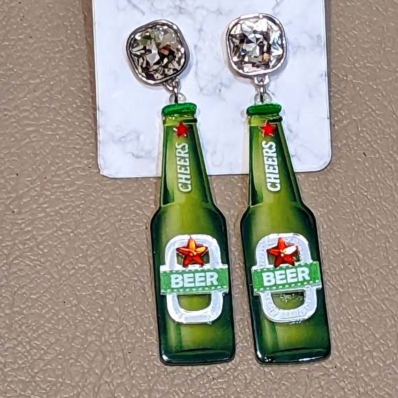 Green Cheers Beer Bottle Post Earrings - Picture 2 of 4